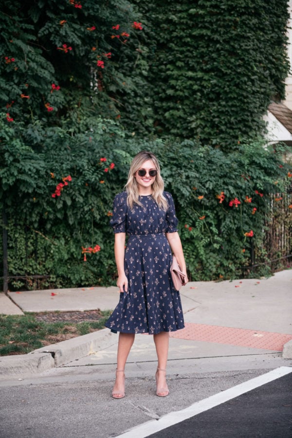 Chicago fashion blogger Jessica Sturdy wearing the Gal Meets Glam Emily dress with round tortoise sunglasses from Nordstrom.