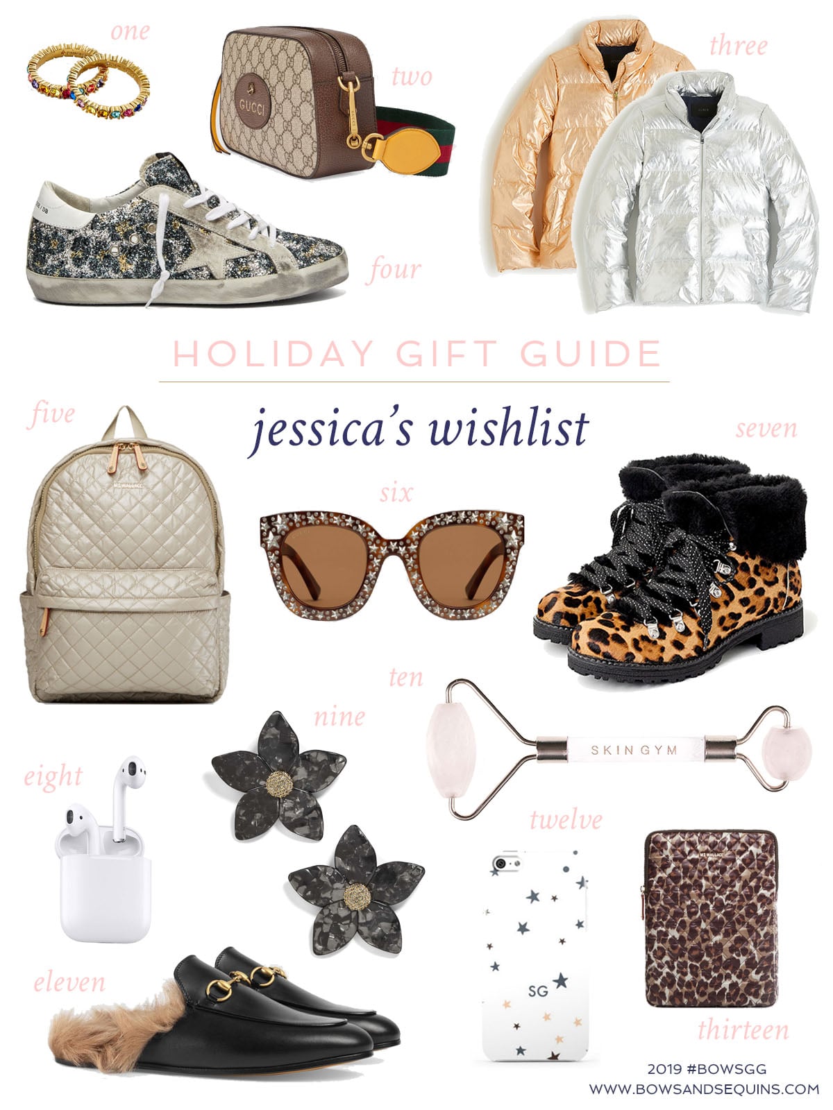 Fashion blogger Jessica Sturdy of Bows & Sequins shares what's on her personal wish list this holiday season: Leopard Golden Goose Sneakers, Gucci furry loafers, J.Crew Leopard Nordic Boots, a metallic puffer jacket, an MZ Wallace book bag, and a few sparkly accessories.