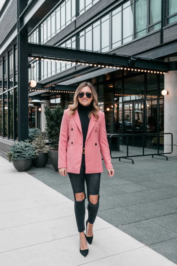 Jessica Sturdy styling a pink blazer for work in the winter months.
