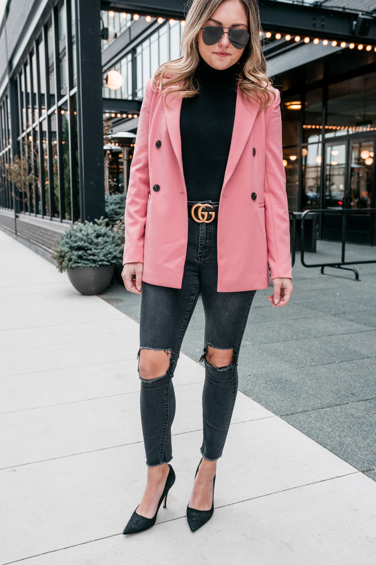 outfit pink blazer