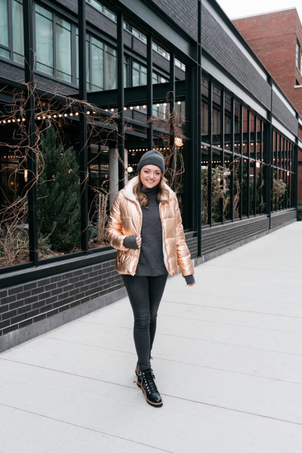 rose gold metallic puffer jacket