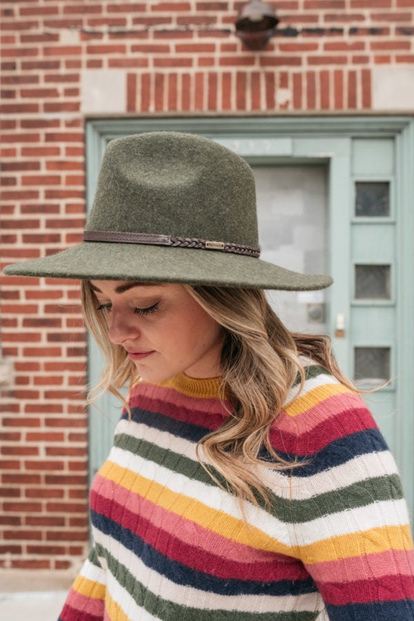 Women's fashion blogger wearing a Barbour Tack Fedora in olive green.