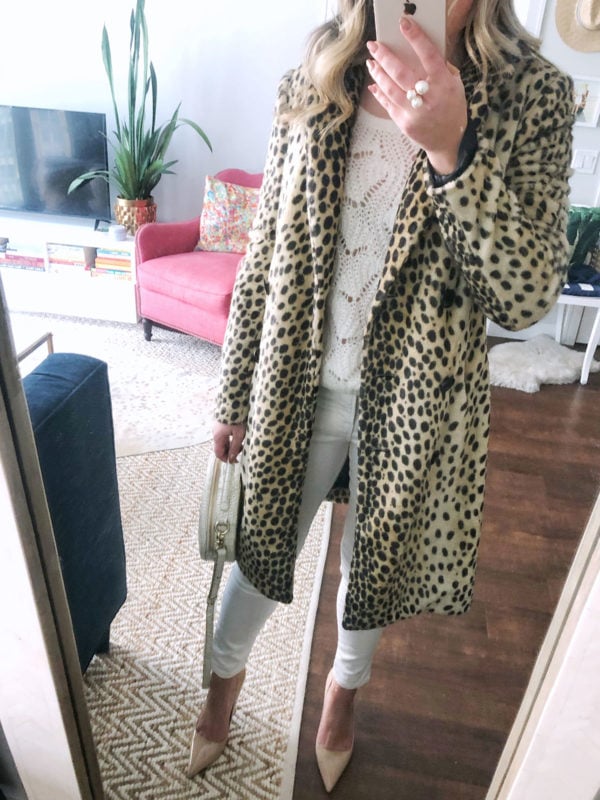 Chicago fashion blogger Jessica Sturdy styling a By Malene Birger leopard coat with a cream pointelle sweater, white jeans, nude Kate Spade pumps, and a round circle bag.
