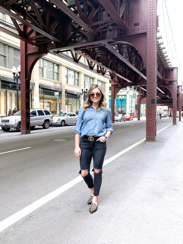 Chicago blogger Bows & Sequins styling a chambray shirt and ripped faded black jeans with a Gucci belt and leopard slip-on mules.