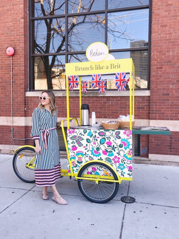 Chicago blogger Jessica Sturdy wearing a striped shirt dress by Boden with nude strappy flats.