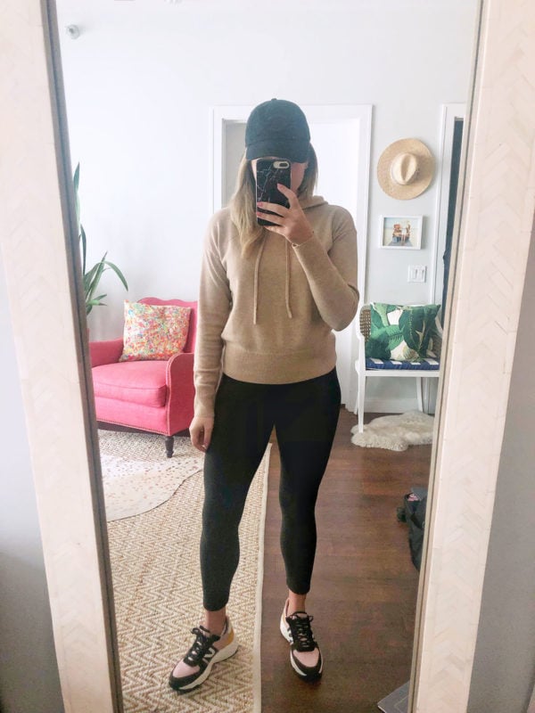 Vineyard Vines Cashmere Hoodie, Black Leggings, Tretorn Dad Sneakers