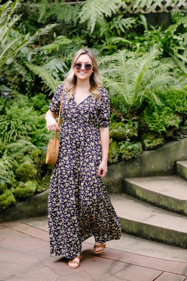 Fashion blogger Bows & Sequins wearing a cute summer outfit with a maxi dress and sandals.