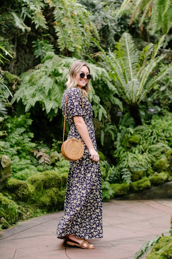 Chicago fashion blogger Bows & Sequins wearing a round rattan Bali bag.