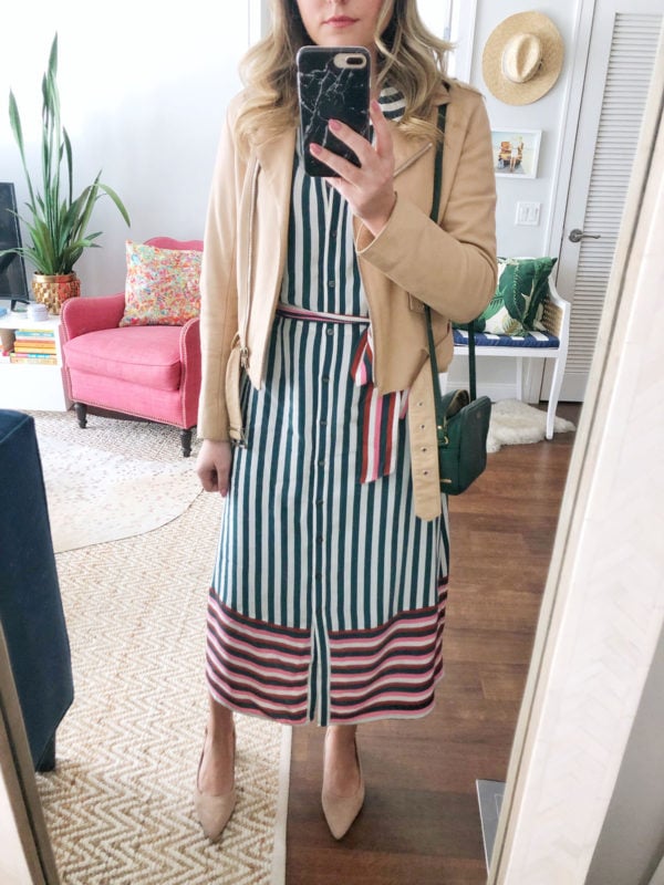Chicago fashion influencer Jessica Sturdy of Bows & Sequins styling a Sandro nude leather jacket with a Boden striped shirt dress, nude suede pumps, and a monogrammed green crossbody bag for a spring bridal shower.