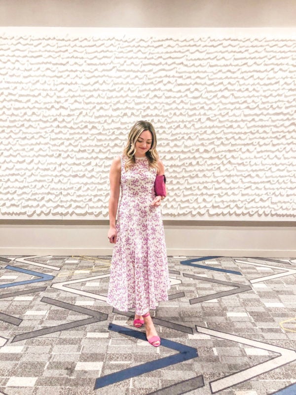 Lifestyle blogger Jessica Sturdy of Bows & Sequins styling a Monique Lhuillier white and lavender sheer floral midi dress to the Ravinia Associates Board's annual Music Matters gala in Chicago.