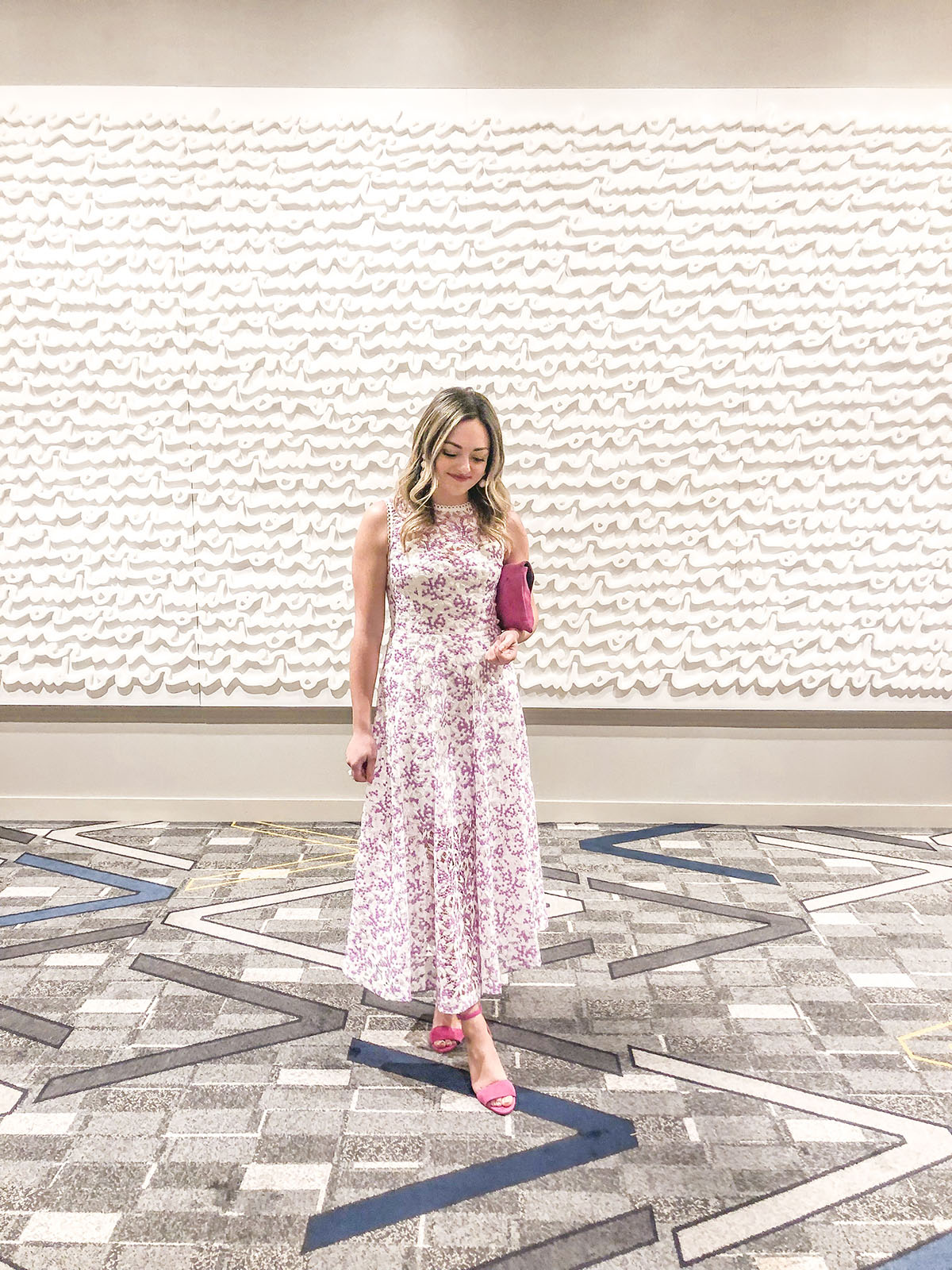Lifestyle blogger Jessica Sturdy of Bows & Sequins styling a Monique Lhuillier white and lavender sheer floral midi dress to the Ravinia Associates Board's annual Music Matters gala in Chicago.