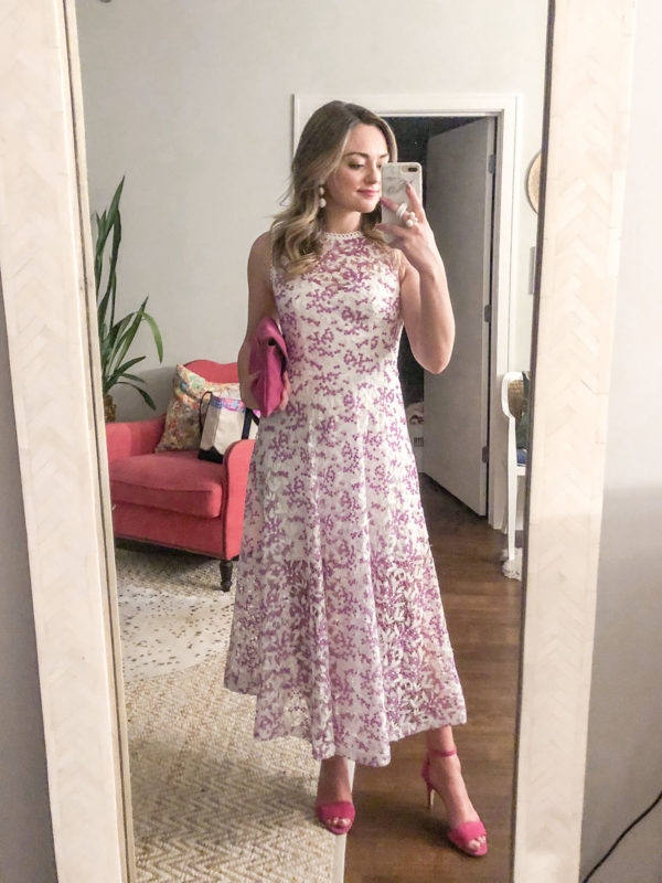 Fashion and beauty blogger Bows & Sequins styling a lavender floral Monique Lhuillier dress for a black tie event in Chicago.