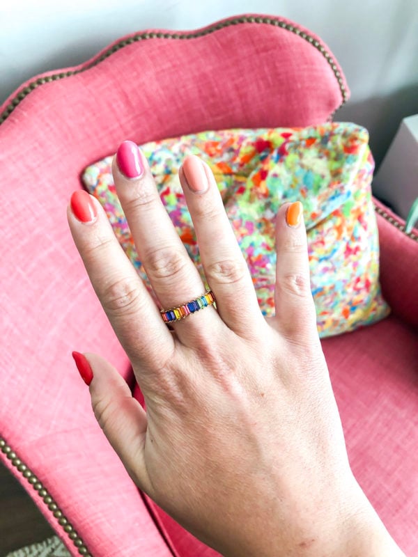 Bows & Sequins wearing the BaubleBar Mini Alidia Ring in Primary Rainbow
