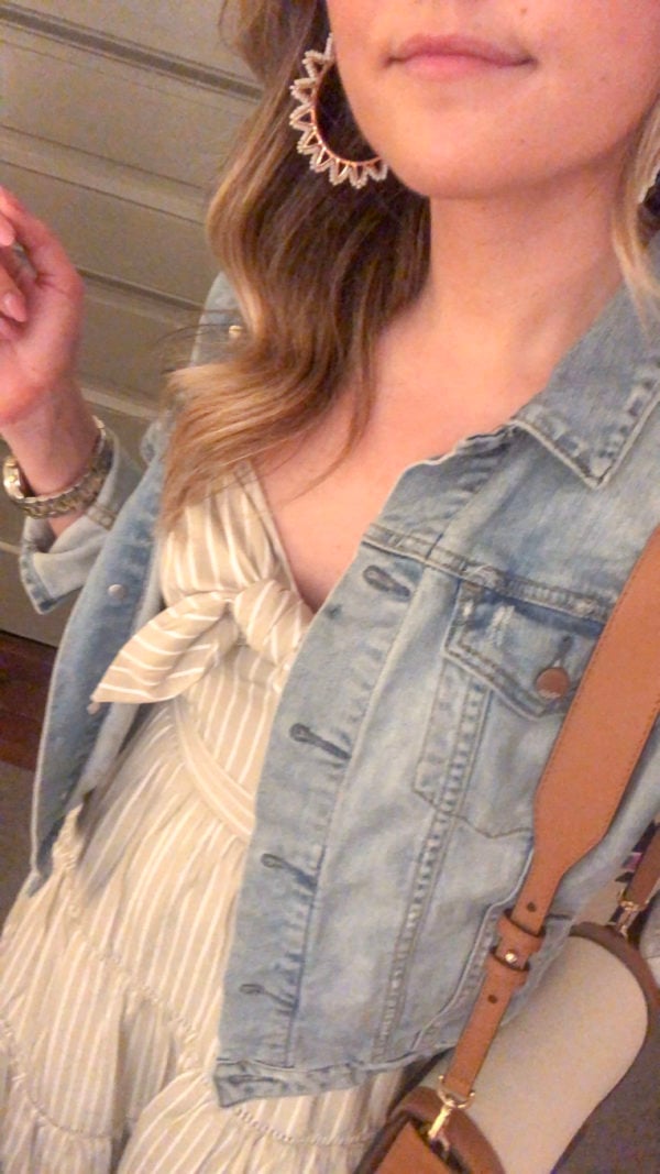 BaubleBar Earrings, Denim Jacket, Striped Midi Dress