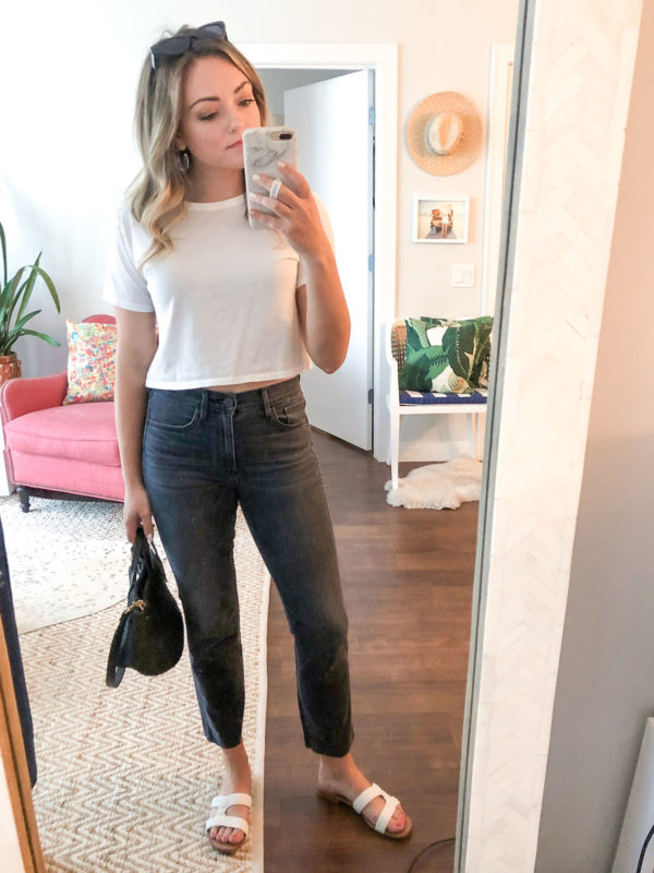 Chicago style blogger wearing a cropped Everlane tee with 3x1 jeans.