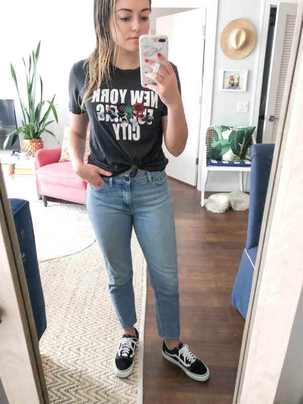 Daily outfit blogger wearing Cynthia Rowley New York Effing City tee, Mott & Bow mom jeans, and classic black and white Vans.