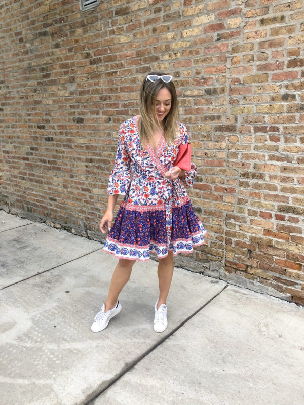 Chicago blogger wearing a printed Eliza J wrap dress