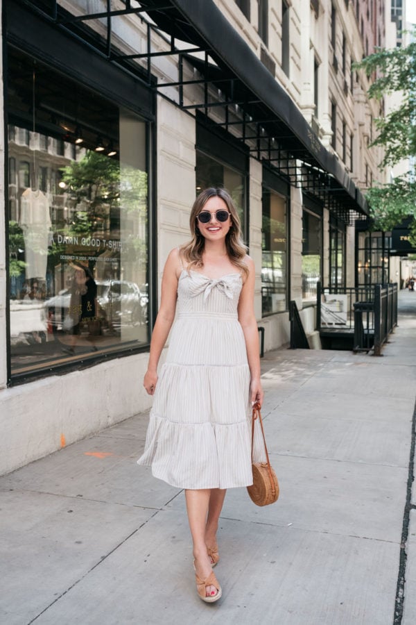Chicago style blogger Jessica Sturdy of Bows & Sequins styling a khaki tie-front sundress.