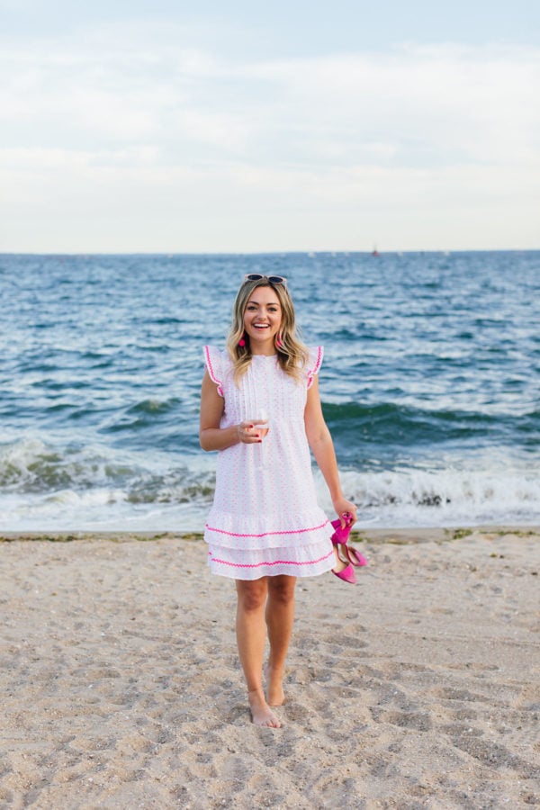 Fashion blogger Jessica Sturdy wearing a Sail to Sable Dress at Wee Burn Beach Club in Connecticut