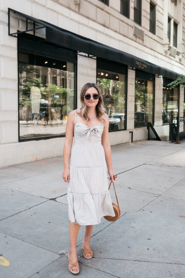 Chicago fashion blogger Jessica Sturdy of Bows & Sequins wearing a khaki sundress with tan wedges.