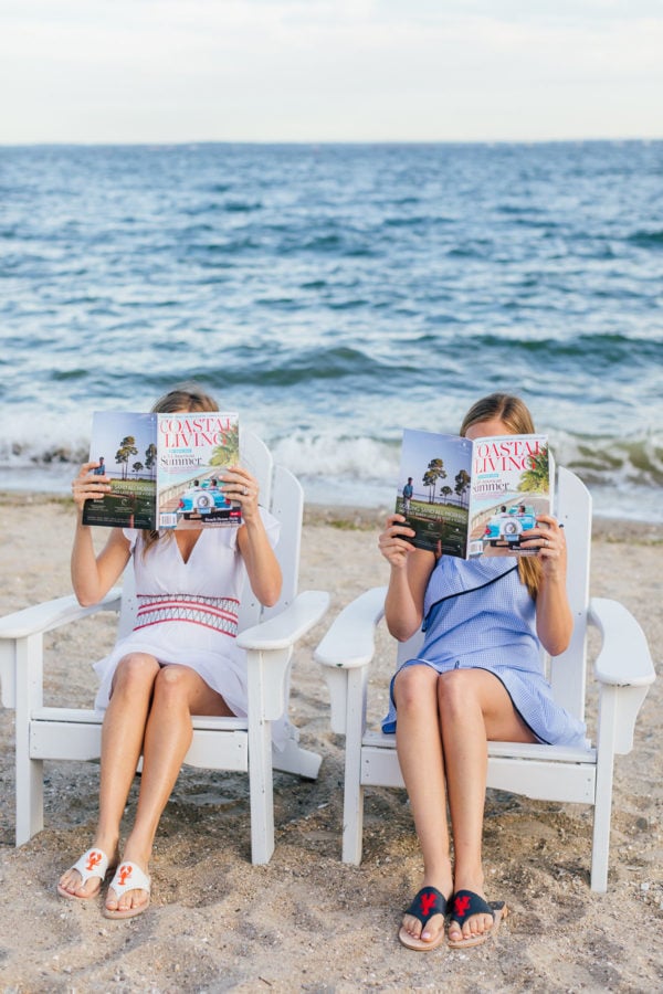 Palm Beach Lately girls reading Coastal Living wearing Sail to Sable and Jack Rogers at Wee Burn Beach Club