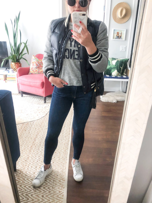 Blogger wearing Veronica Beard puffer jacket, rag & bone skinny jeans, and Stan Smith sneakers.