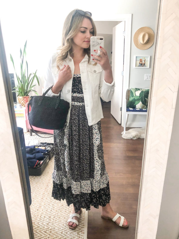 Chicago fashion blogger Bows & Sequins wearing a white denim jacket with a floral Free People maxi dress.