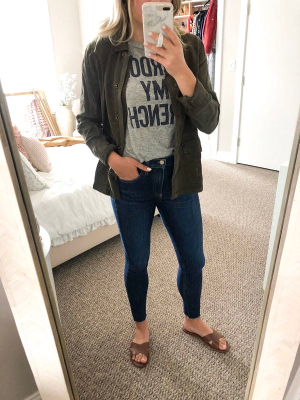 Sanctuary Olive Jacket, J.Crew Pardon My French Tee, Rag & Bone Skinny Jeans, Hermes Dupe Sandals