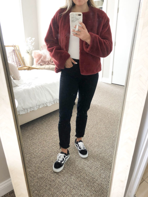 Red Faux Fur Bomber Jacket with white bodysuit, Paige black skinny jeans, and Vans sneakers