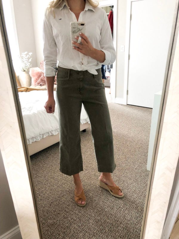 Casual Work Outfit: Button-Front White Collard Shirt with Green Chino Pants