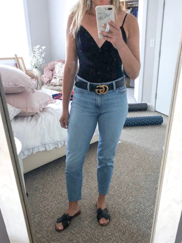 Black Bodysuit, Gucci Belt, Mom Jeans Outfit