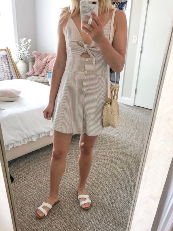 Fashion blogger wearing a Shona Joy seersucker romper with a Clare V Petite Alice tote and Sam Edelman sandals to West Fest street festival in Chicago.