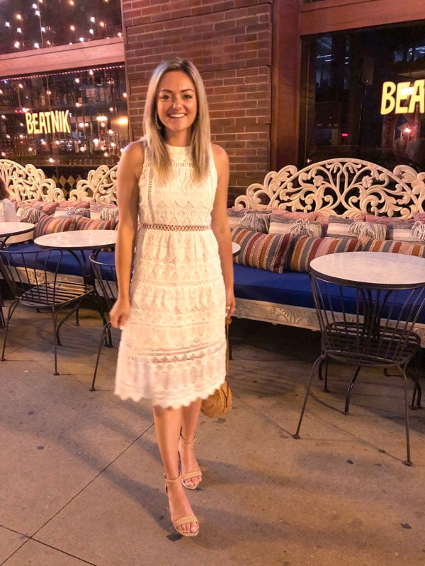 White lace midi dress with Kenneth Cole Lex Block Heels and a Round Rattan Bag
