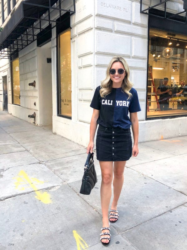 Cynthia Rowley Cali York Tee, Black Denim Skirt, Leith Pearl Strappy Slide Sandals