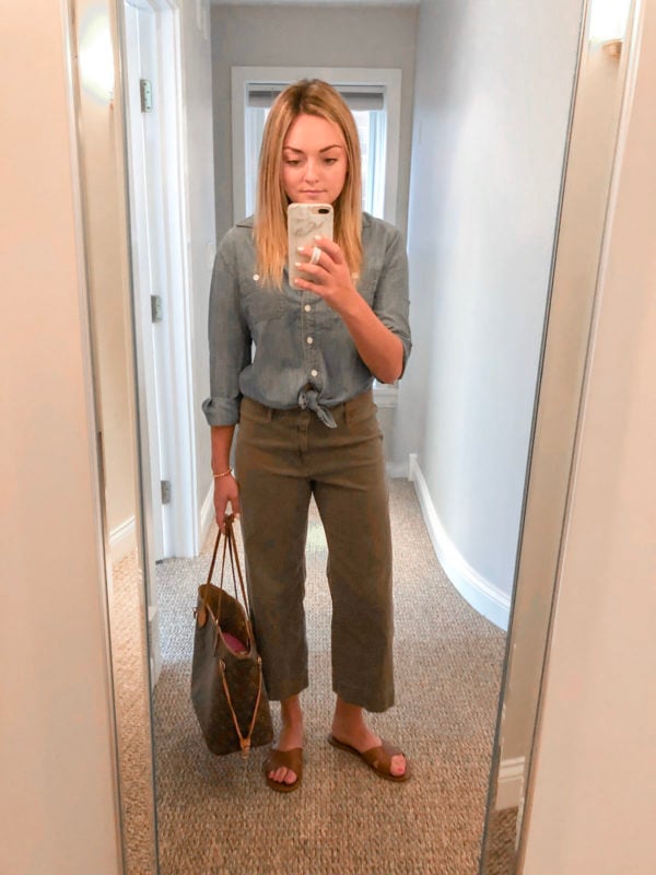 J.Crew Chambray Shirt, Olive Green Chinos, LV Neverfull Outfit
