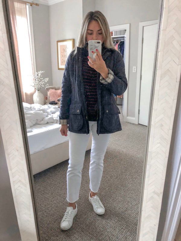 Barbour Quilted Jacket, Vineyard Vines Cropped White Jeans, Keds Ace Sneakers
