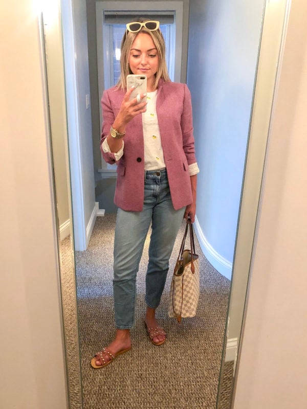 J.Crew Pink Blazer with Lemon-Print Tee, Mom Jeans, Pink Slides, and a LV Neverfull