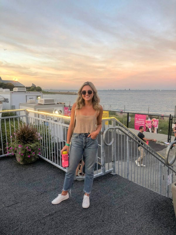 Revolve Crystal Top, Citiizens of Humanity Charlotte Crop Jeans, Keds Leather Sneakers, Cute Festival Outfit with Chicago Sunset