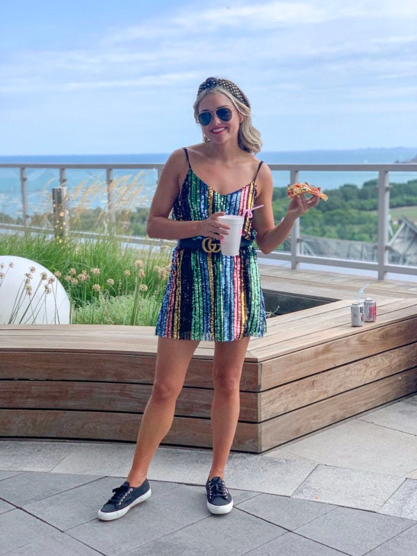 Show Me Your Mumu Sequin Striped Dress with a Gucci Belt, Superga Sneakers, and a Lele Sadoughi Crystal Headband