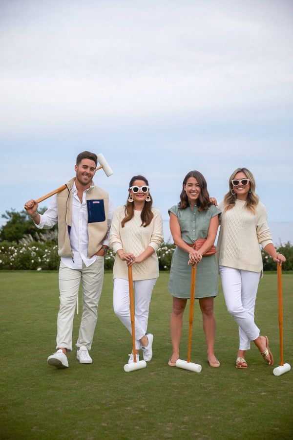 John Philp Thompson, Jenn Lake, Liz Adams, and Jessica Sturdy wearing Vineyard Vines to play croquet at Ocean House in Watch Hill, Rhode Island