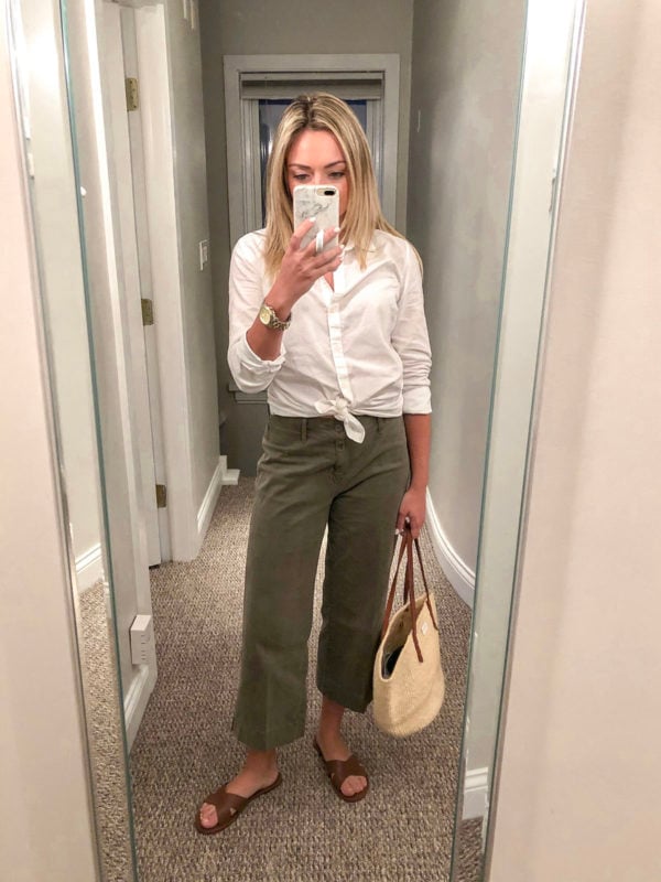 White Collared Shirt with Olive Green Chino Pants