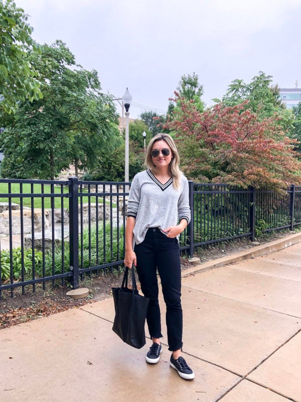 Chicago blogger Bows & Sequins wearing a black & grey varsity V-Neck Sweater, black Paige Hoxton Jeans, and Superga sneakers at Ipsento Coffee off the 606 Trail.