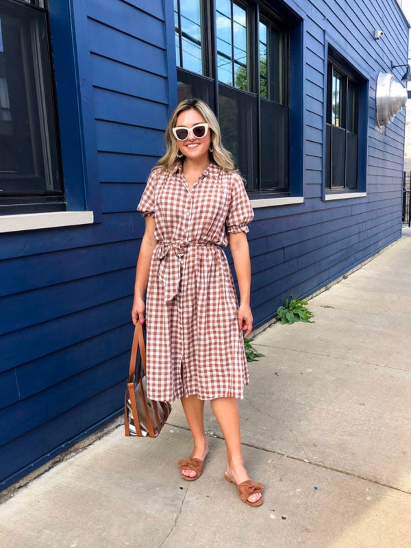 Chicago style blogger Bows & Sequins wearing a gingham shirt dress by The Great in front of Lonesome Rose in Logan Square