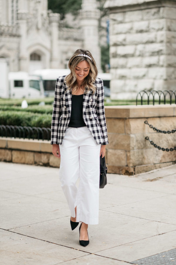 Chicago fashion blogger Jessica Sturdy of Bows & Sequins wearing a gingham blazer and wide leg pants.