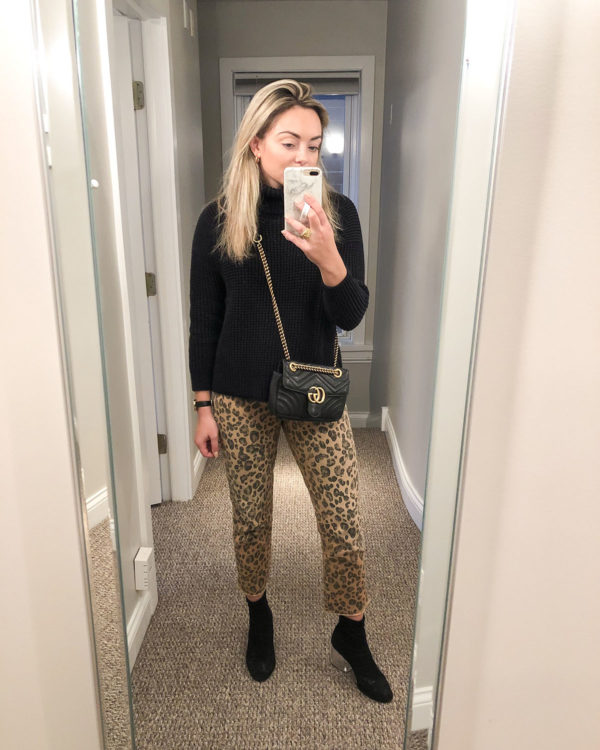Chicago fashion blogger wearing leopard print jeans with Gucci Marmont bag.
