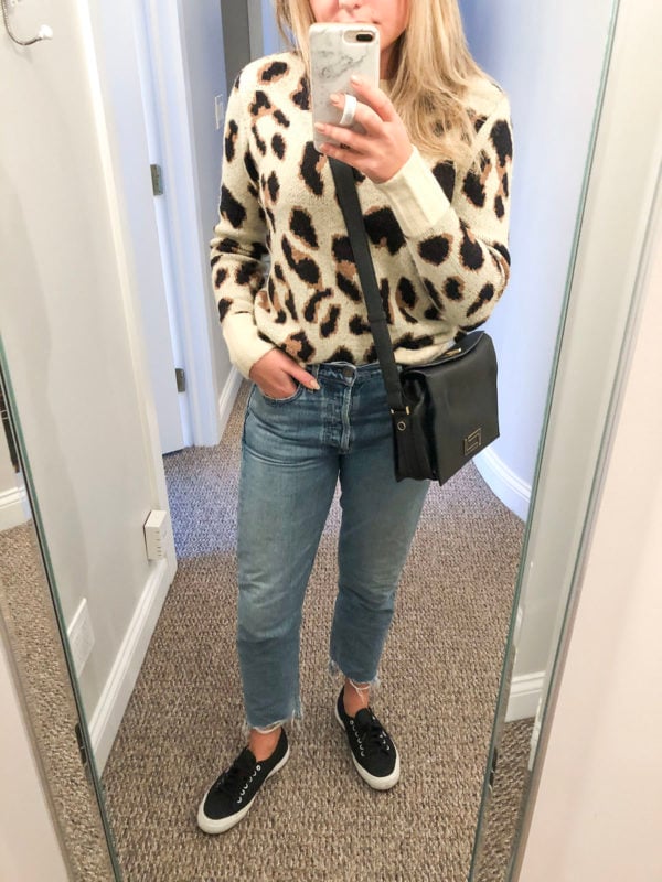 Chicago blogger wearing leopard print sweater from Revolve.