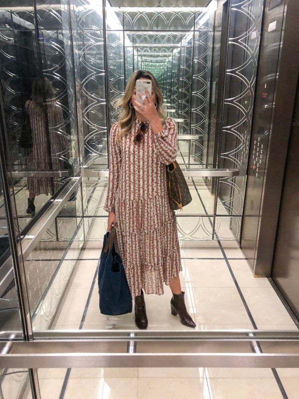 Lost and Wander floral tiered dress with Steve Madden brown croc booties.