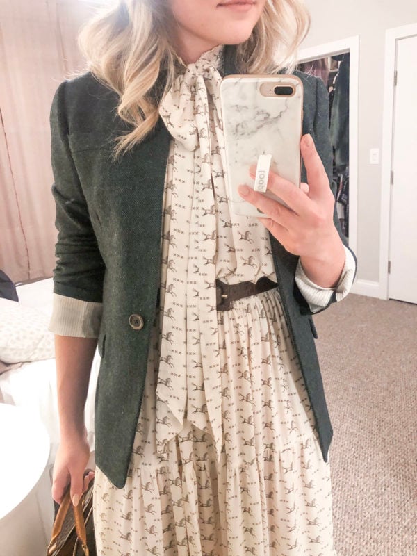 Preppy fashion blogger styling a Ralph Lauren horse printed tie-neck dress with a green blazer.