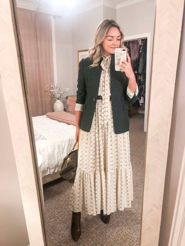 Preppy fashion influencer wearing a Polo Ralph Lauren equestrian print tie neck maxi dress with a Louis Vuitton bag, brown croc accessories, and a green blazer from J.Crew.