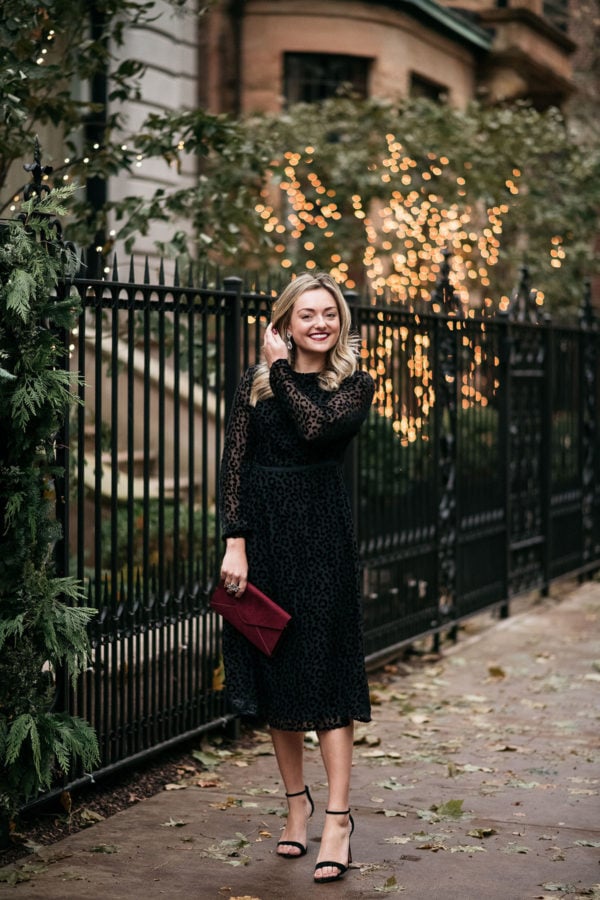 Chicago stylist Jessica Sturdy wearing a black leopard velvet dress for the holidays.